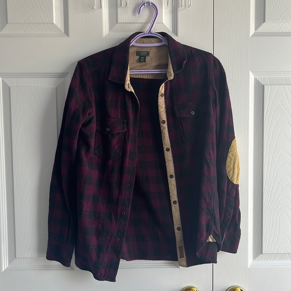 Roots Purple Flannel with Brown Elbow Patches